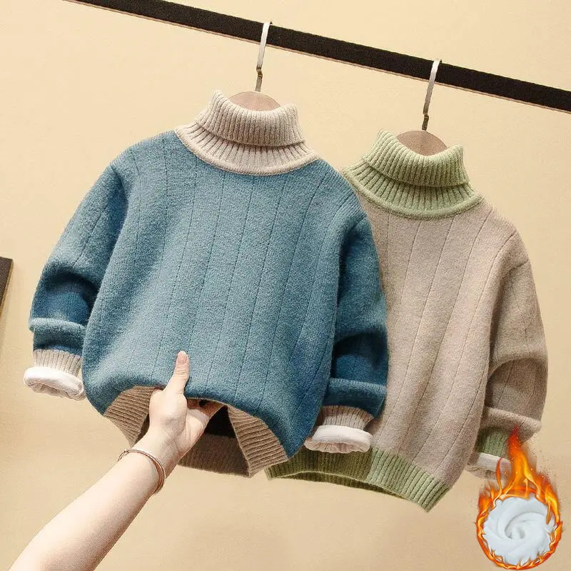

Autumn Winter Kids Boys Fashion Warm Thick Knitted Turtleneck Pullover Children's Clothing Solid Long Sleeves Tops Sweaters C175