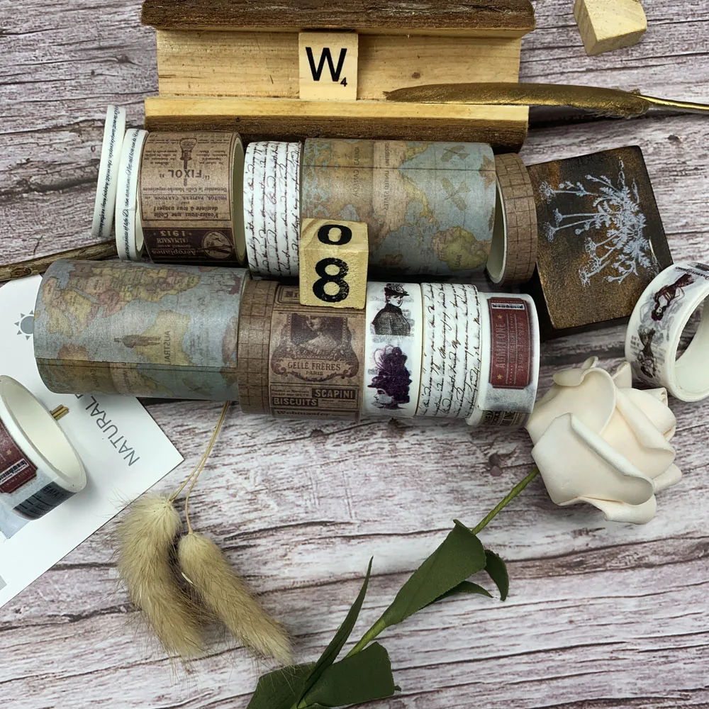 

7rolls/set Travel Series Vintage Map Stamp European Retro Character Decoration Washi Tape DIY Diary Scrapbooking Masking Tape