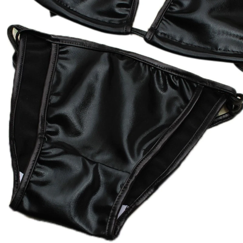Women's Sexy Shiny Babydoll Lingerie Bra+ G-string Beachwear black