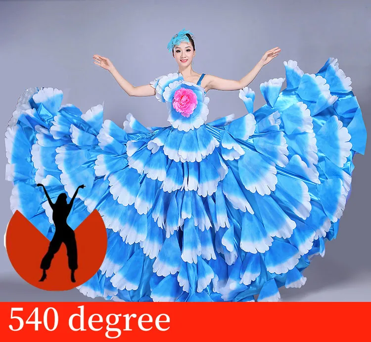 blue 540 Платья для женщин фламенко лепесток платье испанская коррида платье с широкой юбкой для танцев длинный халат бальное платье - Цвет: blue 540