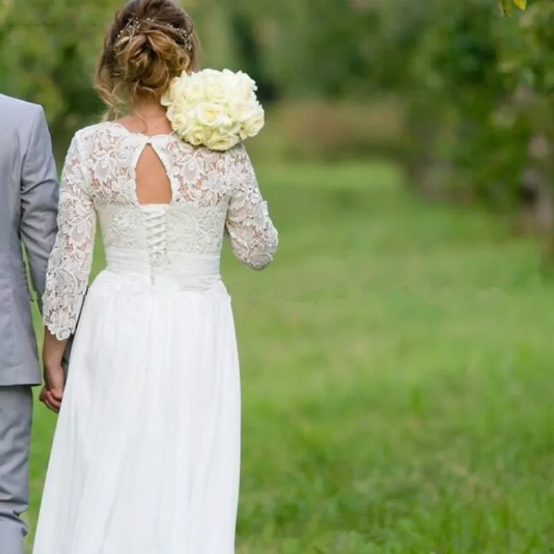 JIERUIZE Vestido De Noiva Свадебные платья с высоким разрезом, 3/4 рукава, круглый вырез, кружевные свадебные платья, шифоновые платья с открытой спиной для невесты