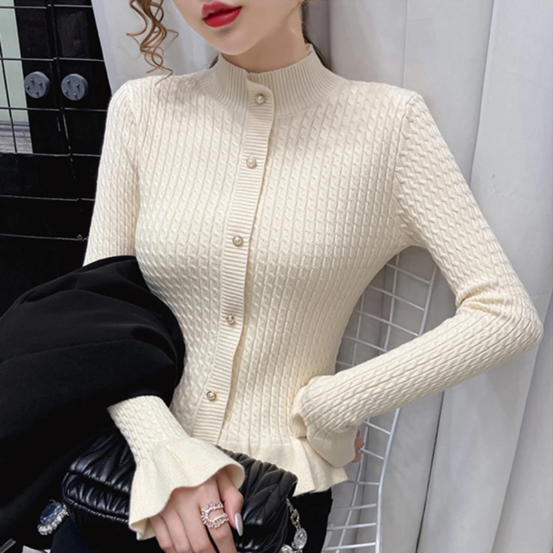 

Women Casual Knitted Sweater Lady Winter Korean Butterfly Sleeves Stand-Up Collar Sueter Cardigan Female Tops Slim Streetwear