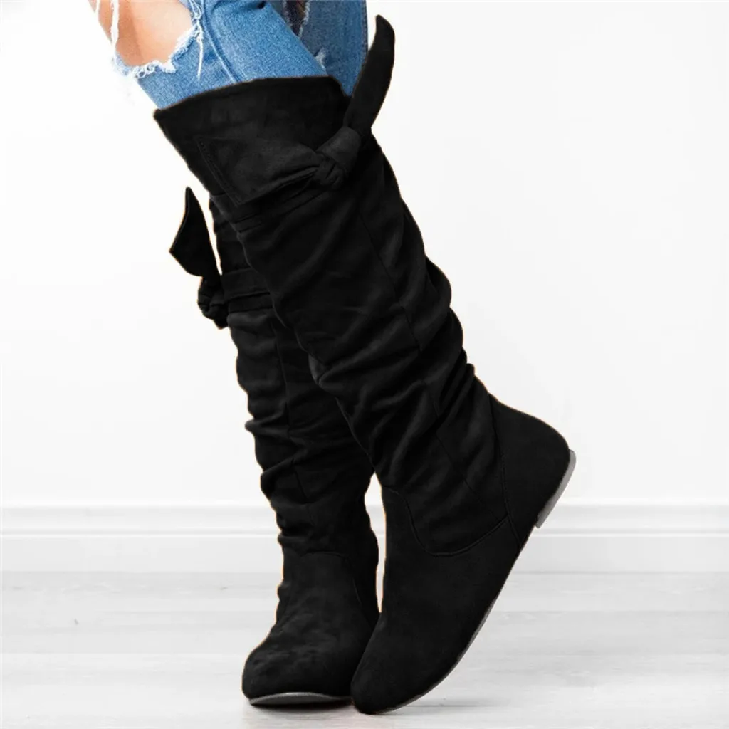 Г. Новая простая женская обувь женские модные повседневные красивые высокие сапоги до колена с узлом модная обувь из искусственной кожи на плоской подошве#821