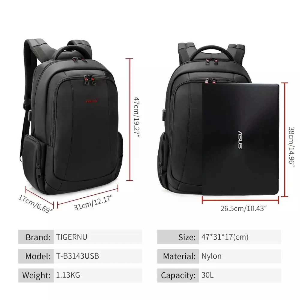Tigernu 15 6 дюймов 27L USB зарядка Противоугонная Водонепроницаемая нейлоновая Mochila