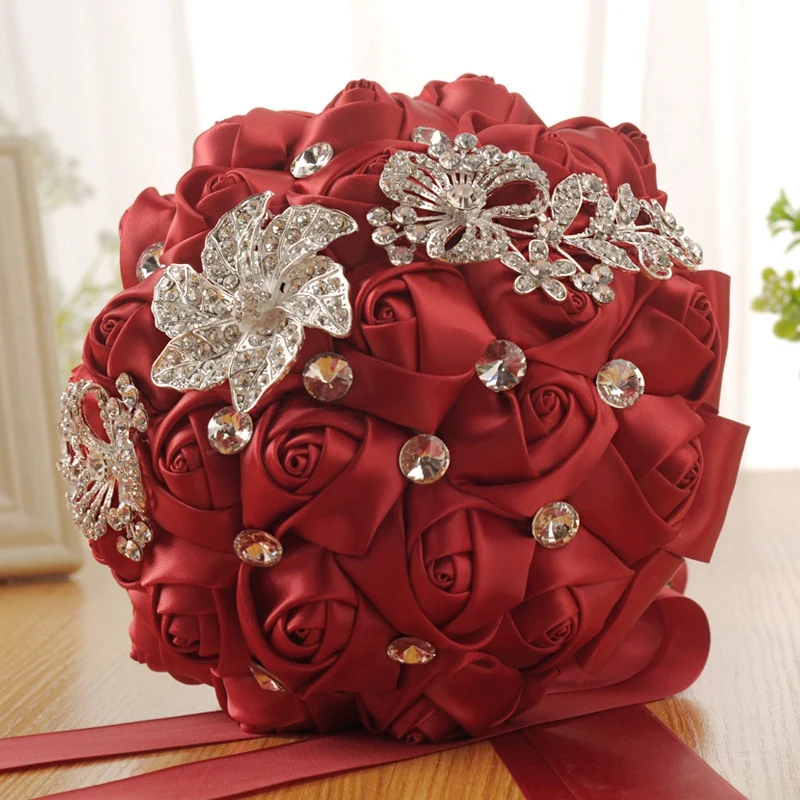 Ручной работы роскошный кристалл жемчуг шелковые розы Холдинг цветок невесты букеты шелковые свадебные букеты