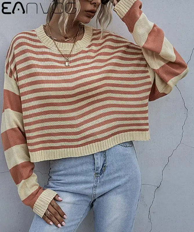 

Striped Contrast Color Casual Short Sweater Women's Autumn And Winter Loose Round Neck Befree Vadim Pullover Shein Pull Femme
