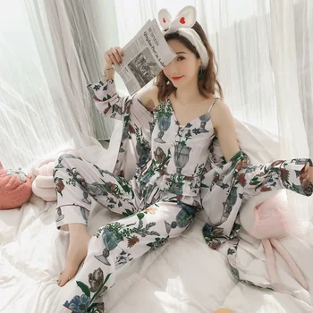 

Silka Surplus Sexy Silk Sleep Lounge Women Pajamas Sets Sexy Pyjama Satin Flower Print Nightwear Night Home Clothing Suit 3 pcs