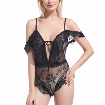 

Black Lace See Through Bodysuit Sleepwear Women Spaghetti Strips Sexy Eyelash Lace Stitching Strapless Jumpsuit Pajama Sexy Lady
