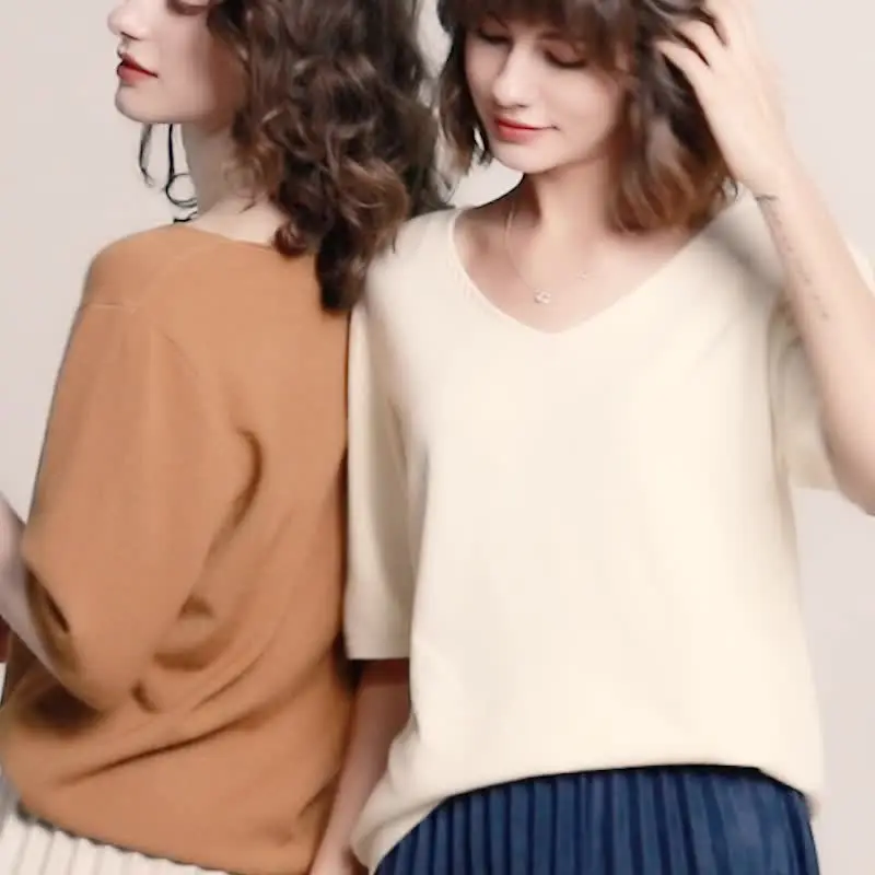

Women Sweater 2020 New Female V-neck Short-sleeved Knitted Pullover Jumper Pull Femme Clothes Loose Designer Fashion