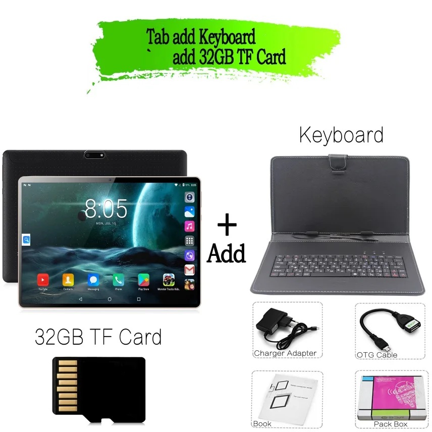 Планшетный ПК 10 дюймов Android 7,0 Планшеты 4G+ 64G Восьмиядерный 3g телефонный звонок ips планшет с Wi-Fi gps 10 дюймовый, планшет, Android - Комплект: Add Keyboard 32TF