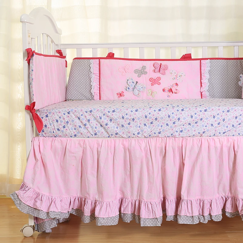 Baby Bedding Set 3D Applique Embroidery Butterfly Pattern Crib Set Comfoter Sheet Crib Skirt Bumpers For Newborn Baby Girl