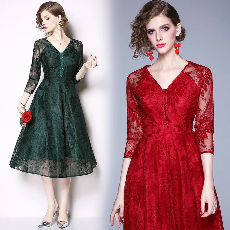 S-xxl весенне-осеннее женское платье с рисунком листьев темная бутылка зеленое красное кружевное платье с v-образным вырезом длиной до икры винтажное элегантное платье бальное платье