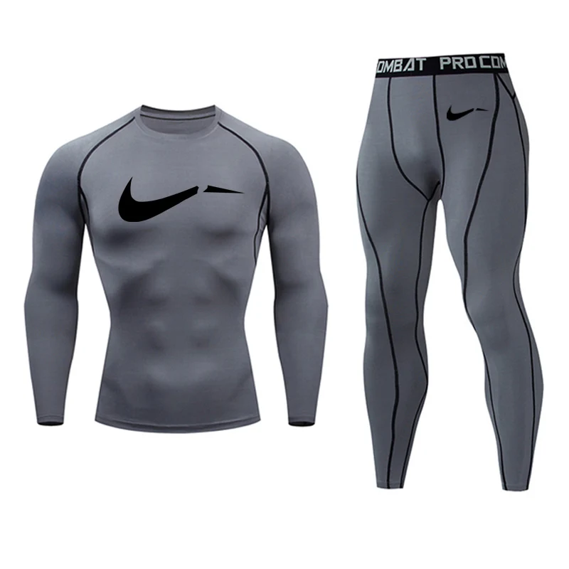 

Brand Men Running Set MMA Long Sleeve T-shirt Men's Compression Shirts Fitness Bodybuilding thermal underwear Clothes Sport set
