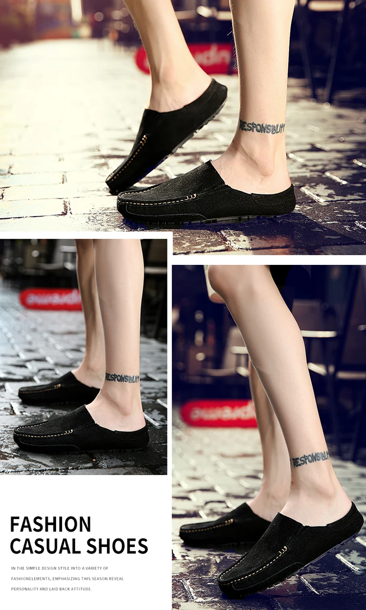 Man Summer Fashion Pig Skin Casual Half Shoe Male Breathable Soft Backless Half Loafers Hombre Open Back Leather Comfy Mocassins