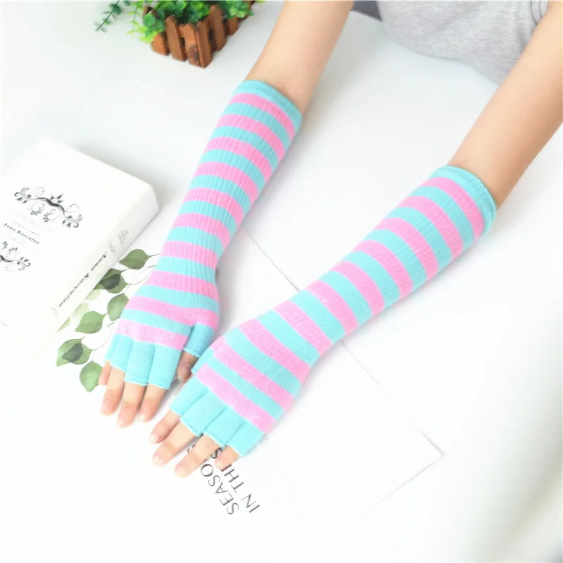 Black White Stripes Long Gloves Women Fashion Winter Long Design Stripes Mittens& Gloves Female Warm Stripes Fingerless Gloves