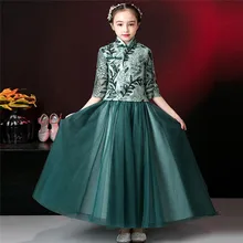 Детское роскошное платье в китайском стиле с вышитыми цветами и стоячим воротником для дня рождения, вечернее платье Hanfu, платье Ципао