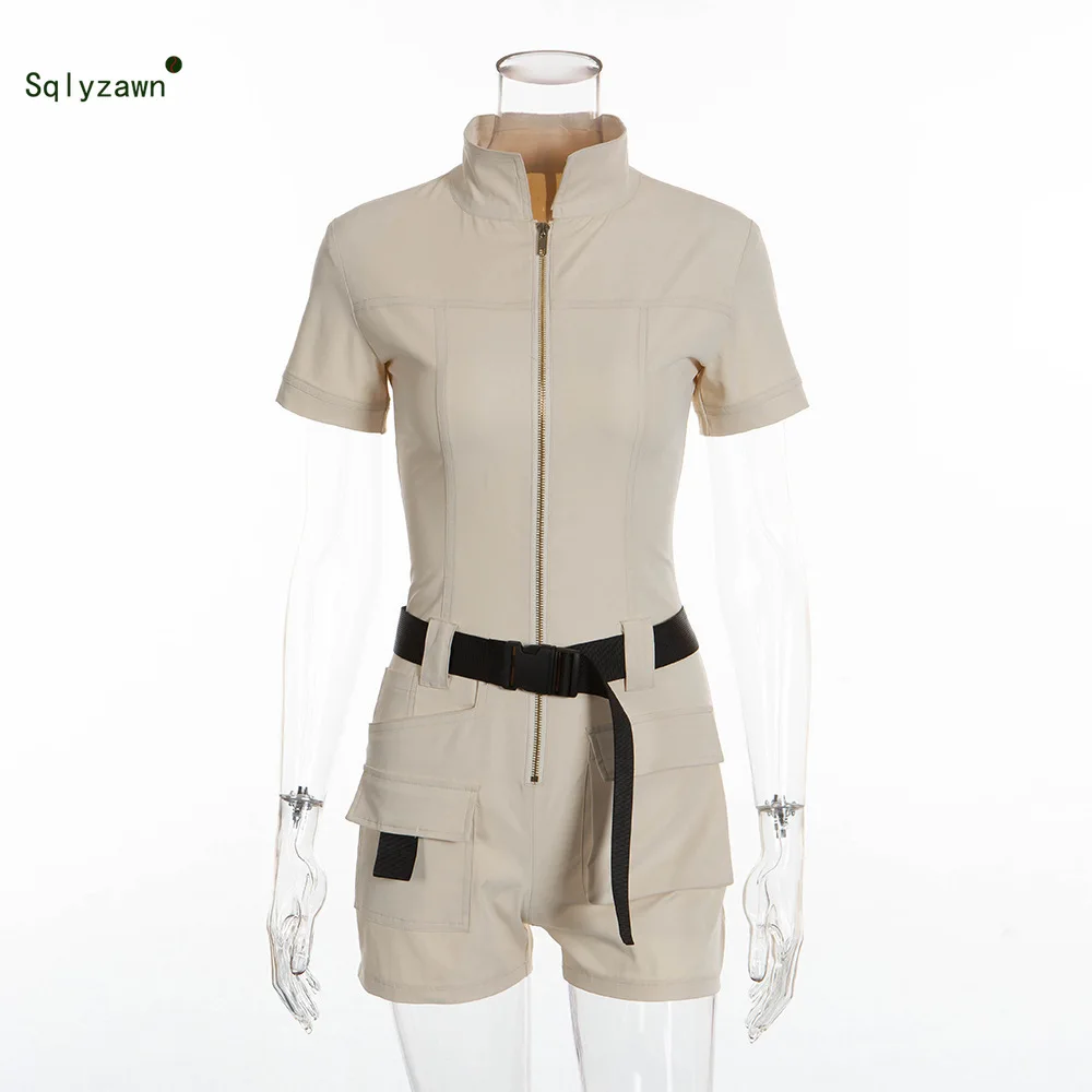 Fitness Khaki Bodycon Playsuit Women Short Sleeve Zipper Pockets with Sash Rompers Summer 2019 Cargo Shorts Streetwear Jumpsuits Fitness Khaki Bodycon Playsuit Women Short Sleeve Zipper Pockets with Sash Rompers Summer 2019 Cargo Shorts Streetwear Jumpsuits