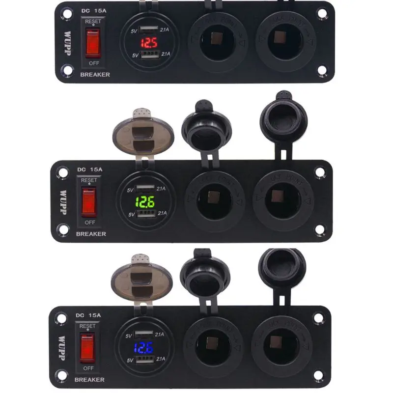 

Waterproof 12V 24V Boat Truck Car LED Voltmeter 2.1A Dual USB Charger Port 2 Cigarette Lighter Power Socket Panel with Switch