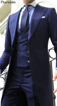

Thorndike Navy Blue Vintage 3 Pieces Set Suits Men Long Jacket With Trousers White Groom Tuxedos Costo Made Wedding Suit For Men