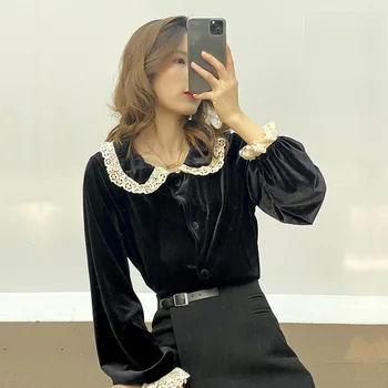 

Young Princess Style Women Shirts Peter Pan Collar Lantern Sleeve Lace Tops 2020 Spring Female Corduroy Button Up Black Blouse