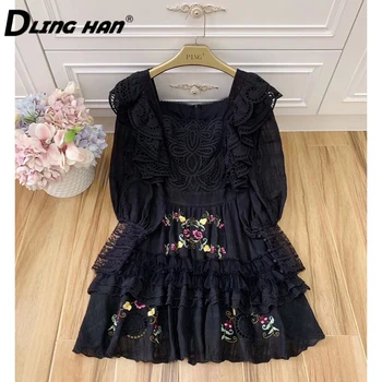 

LINGHAN Vintage Lace Patchwork Dress Fashion Embroidery Lantern Sleeve Square Collar Party Dresses Designer Spring Summer New