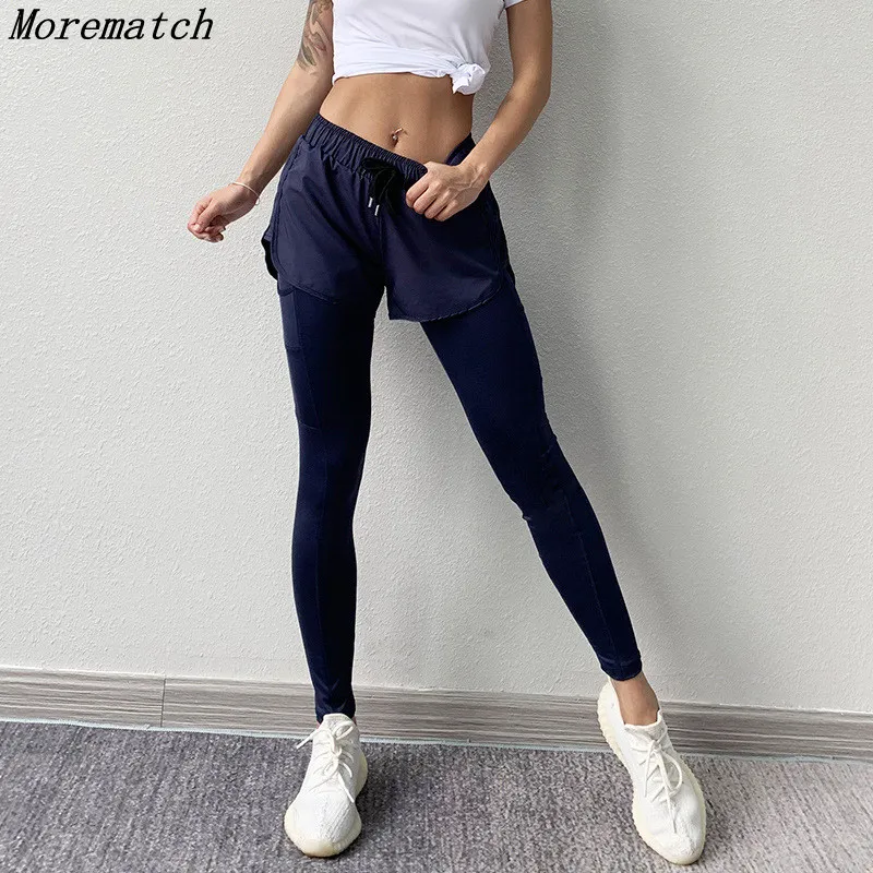 Morematch для женщин, для бега, для йоги, спортивная одежда, быстросохнущие, поддельные, две спортивные штаны, тонкая облегающая фитнес, брюки для тренировок