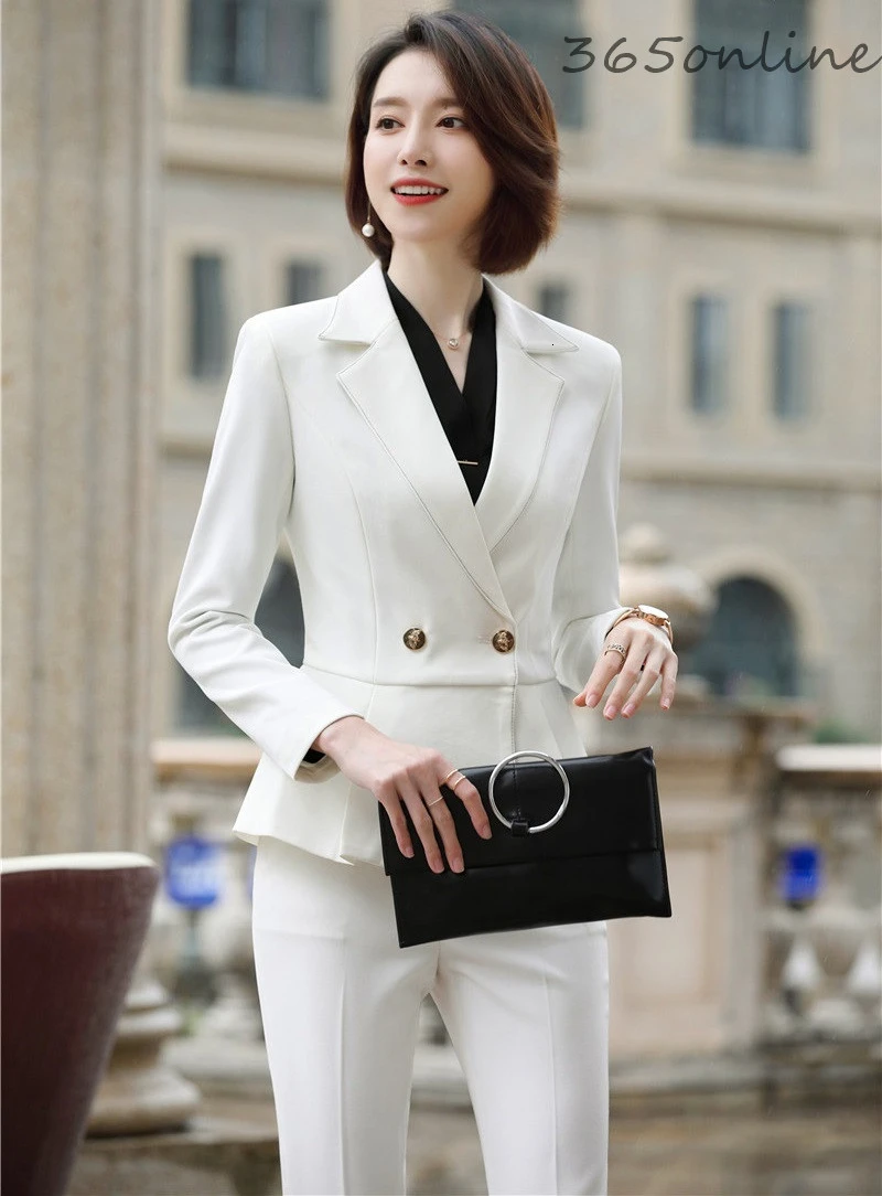 

High Quality Fabric Ladies Office Elegant White Formal Business Suits with Pants and Jackets Coat Women Autumn Winter Blazers