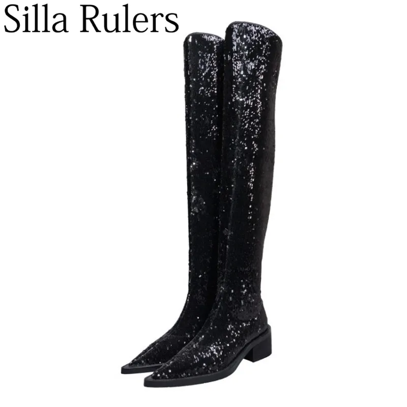 

2019 runway black bling Sequins over the knee boots women pointed toe thigh-high boots woman slip on chunky heels woman boots
