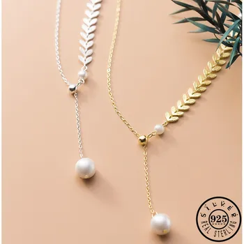 

925 Sterling Silver Shell Pearl Pendant Necklace Statement Adjustable Gold Color Chain Leaf Shape Chokers Necklaces for Women