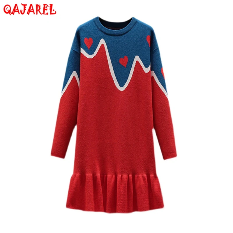 

Women Red Patchwork Knitted Cotton Midi Mermaid Dress Autumn Winter Korean Vintage Casual Dress 2023 Elegant Bodycon Party Dress