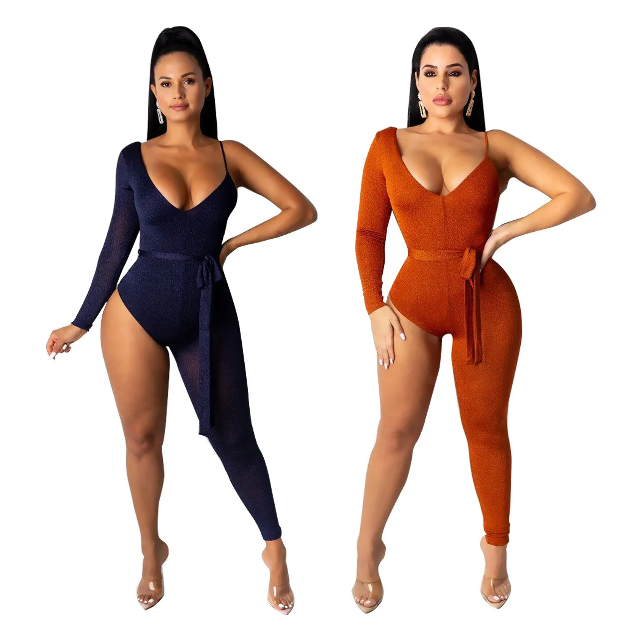 

2020 Summer Women Jumpsuit European and American Women's Rompers Sexy Tight Solid Color Asymmetric Leggings Jumpsuit
