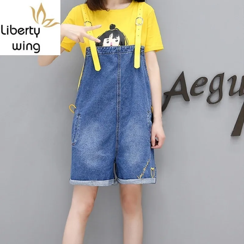 

Plus Size Summer Sweet Girl Pattern T-Shirt Denim Overalls Wide Leg Short Pants Casual Rompers Women Jumpsuit 2 Piece