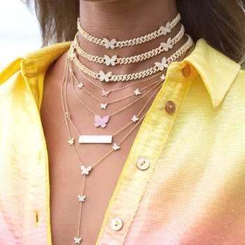 

2020 New 6MM Iced Out Bling cz Miami Cuban Link Chain Butterfly Necklace 2Row 5A cz Bling Butterfly Choker women Hip Hop jewelry