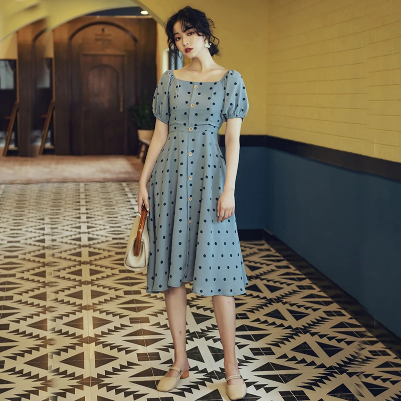 

MUMUZI Summer new retro holiday dress female polka dot printed long dresses short sleeve front buttons dresses female