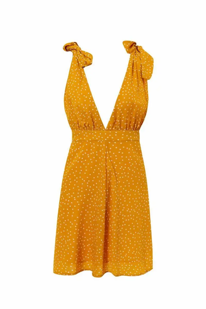 

2019 Summer Fashion Sexy Pullover V-neck Polka Dot Elastic Waist A- line Skirt Medium-length Strapped Dress WOMEN'S Dress