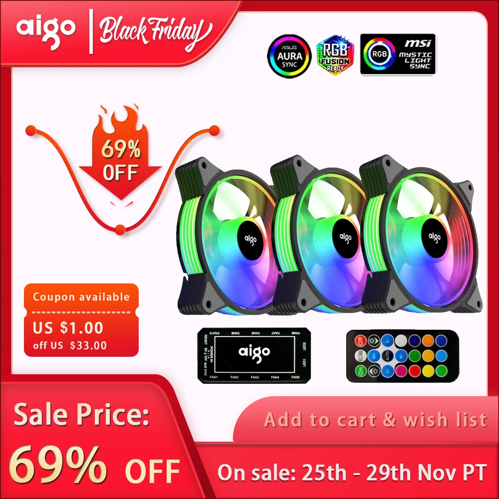 Кулер Aigo AR12 для ПК 120 мм бесшумный охлаждающий вентилятор RGB-теплоотвод порт aura sync
