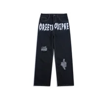 Pantalones vaqueros con estampado de grafiti para hombre, Jeans rectos de algodón rasgados con agujeros, informales, lavados, 2021