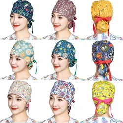 Printed Scrubs Caps With Buttons Ribbon Bandage Cotton Sweatband Hats for Long Hair Adjustable Nursing Workwear Hats Accessories