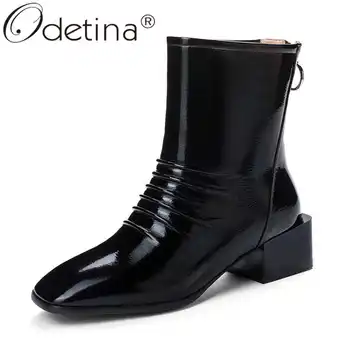 

Odetina Women Fashion Back Zipper Block Mid Heel Ankle Boots Ladies Elegant Pleated Casual Square Toe Zip[ Up Winter Short Boots