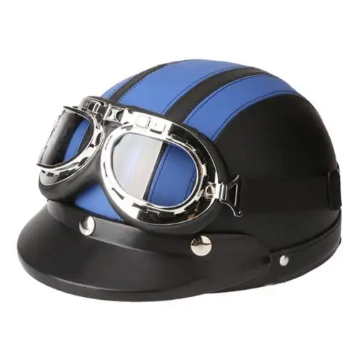 Men Women Motorcycle Motorbike Vintage Visor Helmet Hat Headwear with Goggles Motorcyle Accessories Exterior - Цвет: Синий