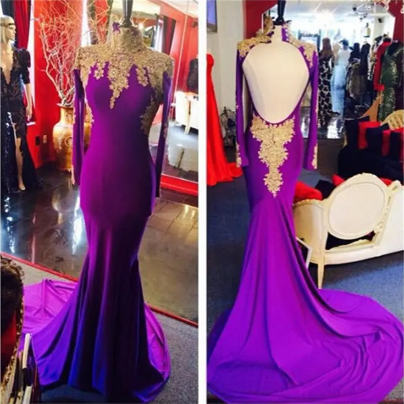 

2020 Arabic Gold With Purple Long Mermaid Prom Dresses Open Back Long Sleeve High Neck Formal Evening Gowns Applique Party Dress