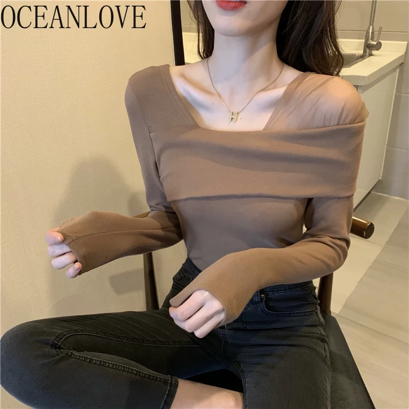 Женская футболка с косым воротником OCEANLOVE однотонная Сетчатая в Корейском стиле