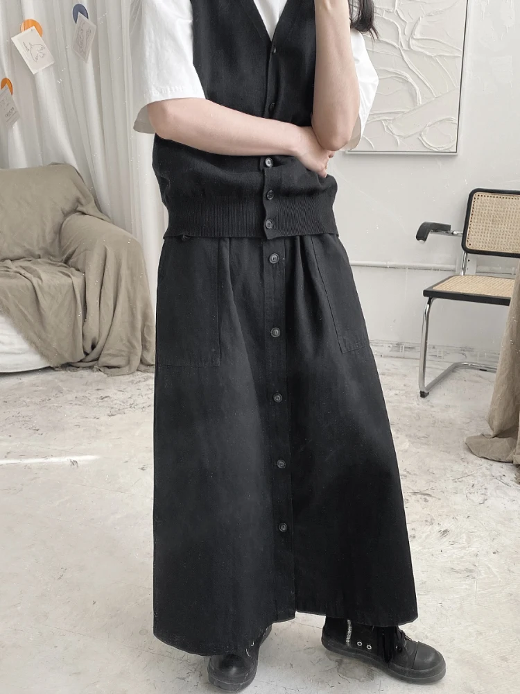 Ladies Half Skirt Spring/Summer New Dark Elastic Waist Pure Cotton Single Breasted Super Loose Multi-Button Design A-Line Skirt