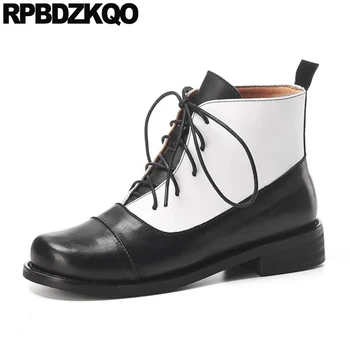 

genuine leather lace up plus size military women ankle boots 2019 round toe 11 flat black and white combat big shoes 10 booties