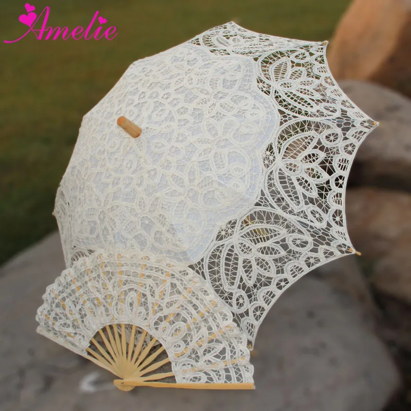 Damen Schirm Elegant Spitze Sonnenschirm Rüschenschirm mit Handfächer Hochzeit 