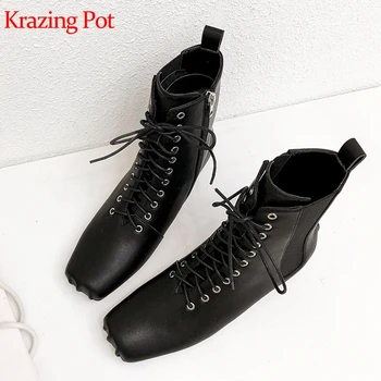 

krazing pot new full grain leather lace up artist design increasing boots square toe wedges decoration winter mid-calf boots l17