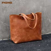 PNDME Повседневная простая кожаная женская сумка модная винтажная мягкая воловья Дамская хозяйственная Большая вместительная роскошная сумка через плечо