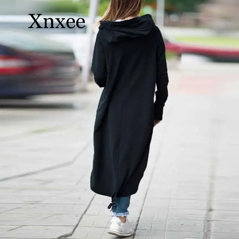 Black Long Coat Women Solid Color Zipper Long-sleeves Coat Female Loose Leisure Fleece Irregular Long Jacket X-long