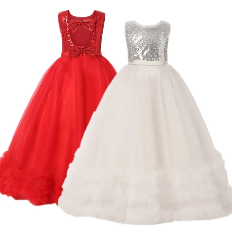 

Wedding Bridesmaid Dress For Girl Sequined Bowknot Back Hollow Dresses Carnival Princess Party Gown Kids Red White Long Robe