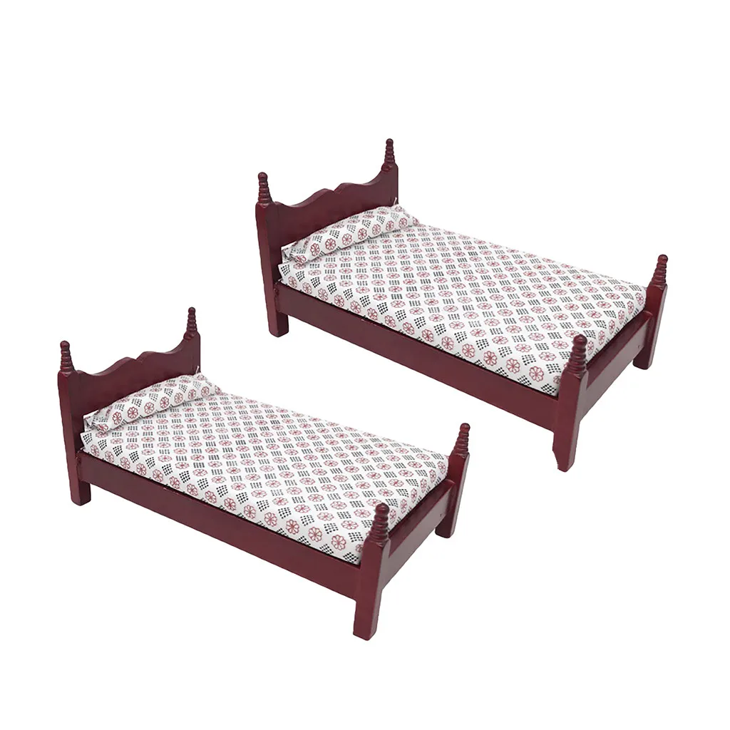 2Pcs 1:12 Кукольный домик миниатюрная мебель сцена 2 шт деревянная кровать наборы Модель ролевые игры кукольные домики мини настольная игрушка с орнаментом детский подарок - Цвет: 2Pcs